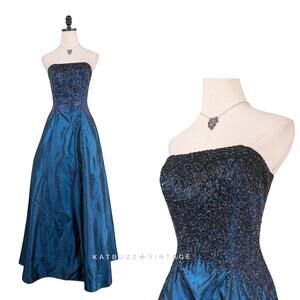 Vintage Prom Dress Maxi Gown 6 Blue Y2K Strapless Glam Beaded Cassandra Stone